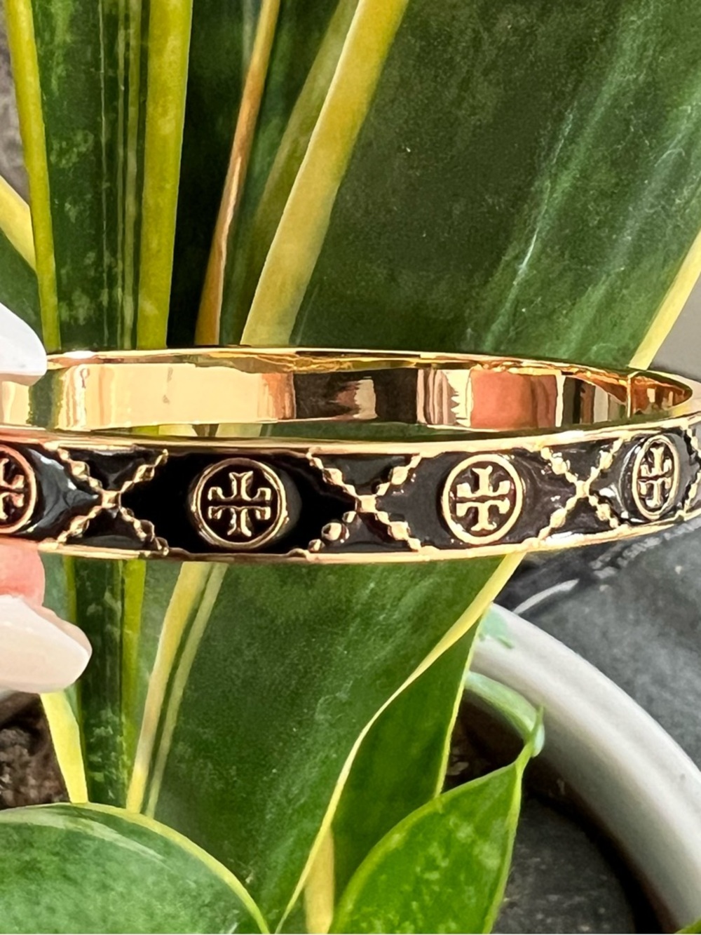 Tory Burch Gold and Black Enamel Logo Bangle